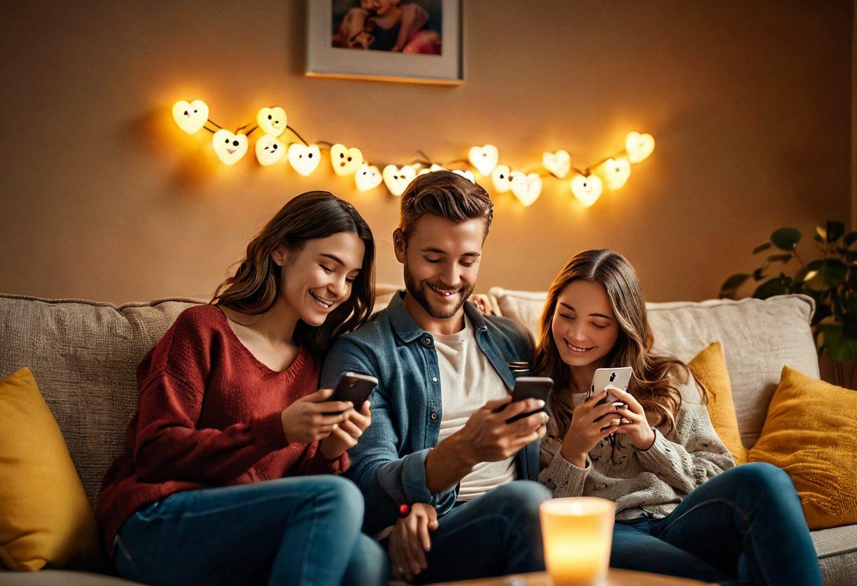 A cozy couple sharing a smartphone while sitting on a couch, surrounded by soft, warm lighting that creates an intimate atmosphere. The screen displays heart emojis and affectionate texts, symbolizing the connection enhanced by technology. Include elements like a coffee cup and a playful pet to evoke a sense of comfort and companionship. super-realistic. warm colors. soft focus.