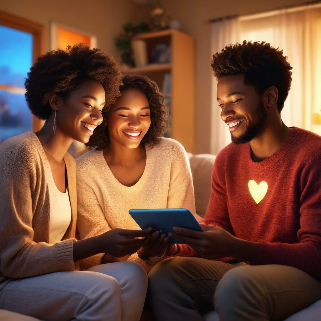 A heartwarming scene depicting a diverse group of people connecting through various digital devices, with bright, glowing screens reflecting joy and love. The background shows a blend of cozy home environments and outdoor settings, symbolizing openness and warmth. Incorporate elements like heart-shaped emojis and soft, glowing lights that signify affection. Show a mix of ages, genders, and ethnicities for inclusivity. super-realistic. vibrant colors. soft focus.