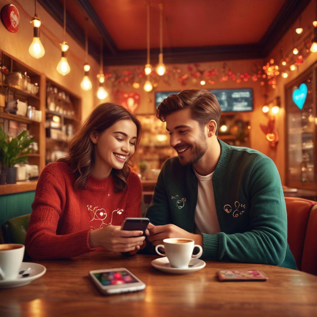 A romantic scene featuring a couple in a cozy café, looking at their unlocked smartphones with excitement and joy. The background shows various communication symbols like signals and hearts, representing connection and love. Soft, warm lighting enhances the intimate atmosphere. The couple exudes happiness as they share their telecommunication freedom. vibrant colors. soft focus. 3D.